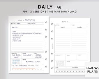 May include: A printable daily planner in A6 size with two versions. The first version has a section for "How to Use" with a list of five steps. The second version has a section for "Morning" and "Evening". Both versions have sections for "Breakfast", "Lunch", "Dinner", and "Snack". Both versions have a sleep tracker and a step tracker.