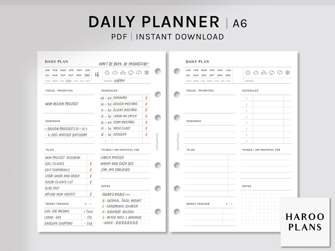 daily-planner-a6-size-printable-inserts-schedule-template-to-do-list-money-tracker-simple-organizer-sheet-pdf-digital-download-etsy