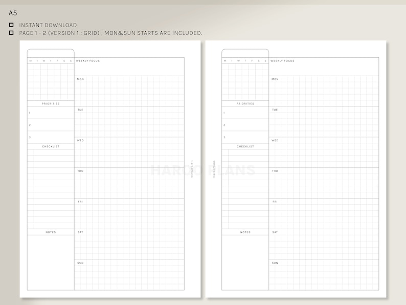 Undated Weekly Planner | A5 Printable Planner Inserts | WO1P Layout ...