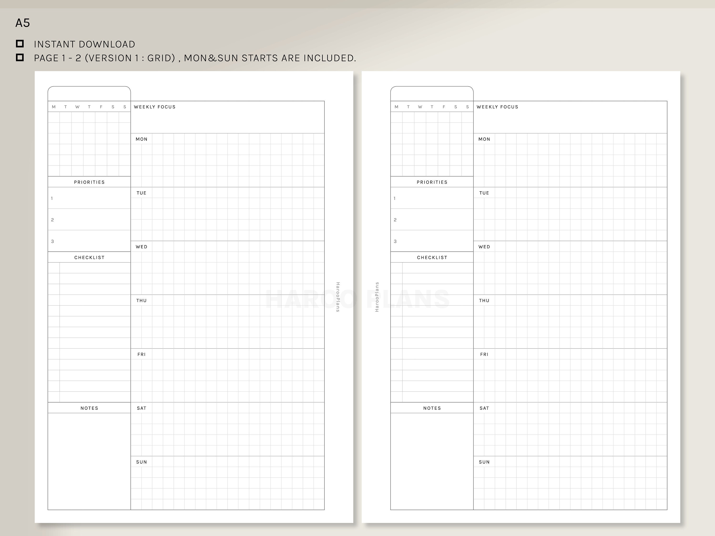 Undated Weekly Planner | A5 Printable Planner Inserts | WO1P Layout ...