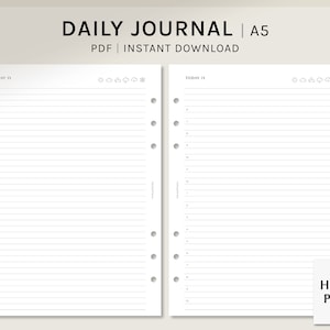 Daily Journal | A5 Printable Planner Inserts | Simple Lined Diary Template | Hourly Schedule Organizer Worksheet PDF | Digital Download