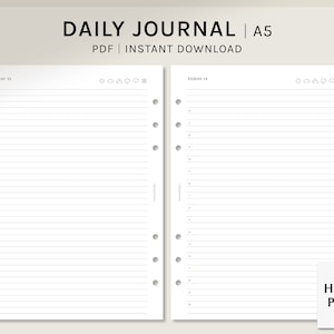 Daily Journal | A5 Printable Planner Inserts | Simple Lined Diary Template | Hourly Schedule Organizer Worksheet PDF | Digital Download