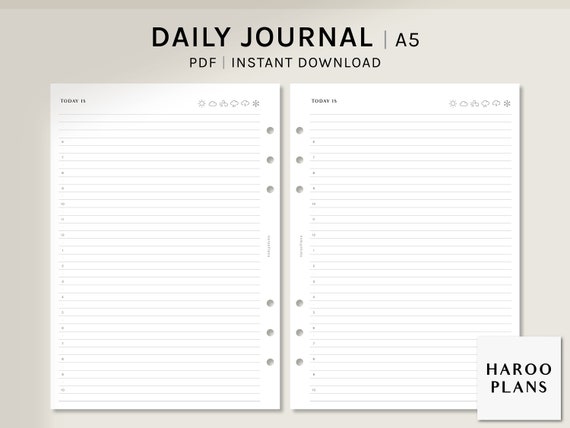 Daily Journal | A5 Printable Planner Inserts | Simple Lined Diary Template | Hourly Schedule Organizer Worksheet PDF | Digital Download