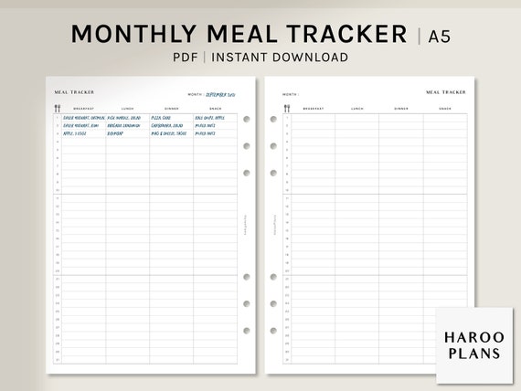 Monthly Meal Tracker A5 Printable Planner Inserts Monthly | Etsy