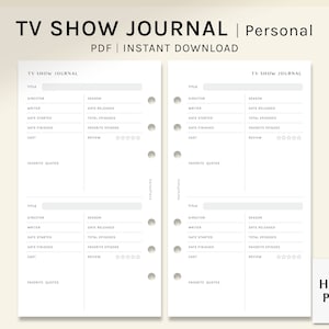 TV Show Journal | Personal Size Printable Planner Inserts | Drama Review Writing Template | Simple TV Series Log PDF | Digital Download