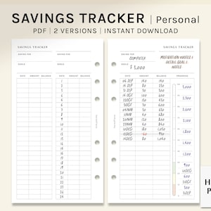 May include: A printable savings tracker with two versions. The first version is a simple savings tracker with columns for date, amount, and balance. The second version is a savings tracker for a computer with a goal of £3,000. It includes columns for date, amount, balance, and progress. The progress is shown with a thermometer-like bar.