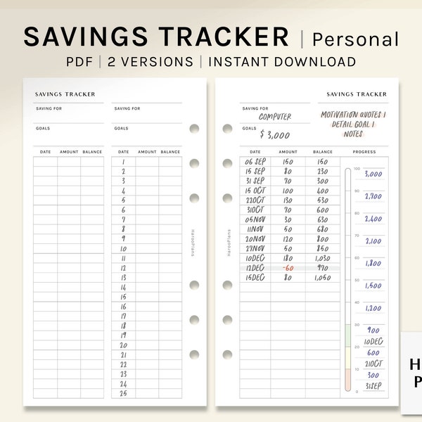 Savings Tracker | Personal size Printable Planner Inserts | Financial Journal Template | Sinking Funds Log Sheet PDF | Digital Download