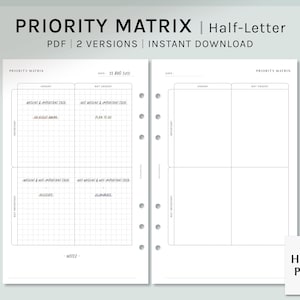 Matriz de prioridad / Inserciones de planificador imprimible de media letra / Plantilla importante urgente / Hoja de trabajo del organizador de productividad / Descarga digital