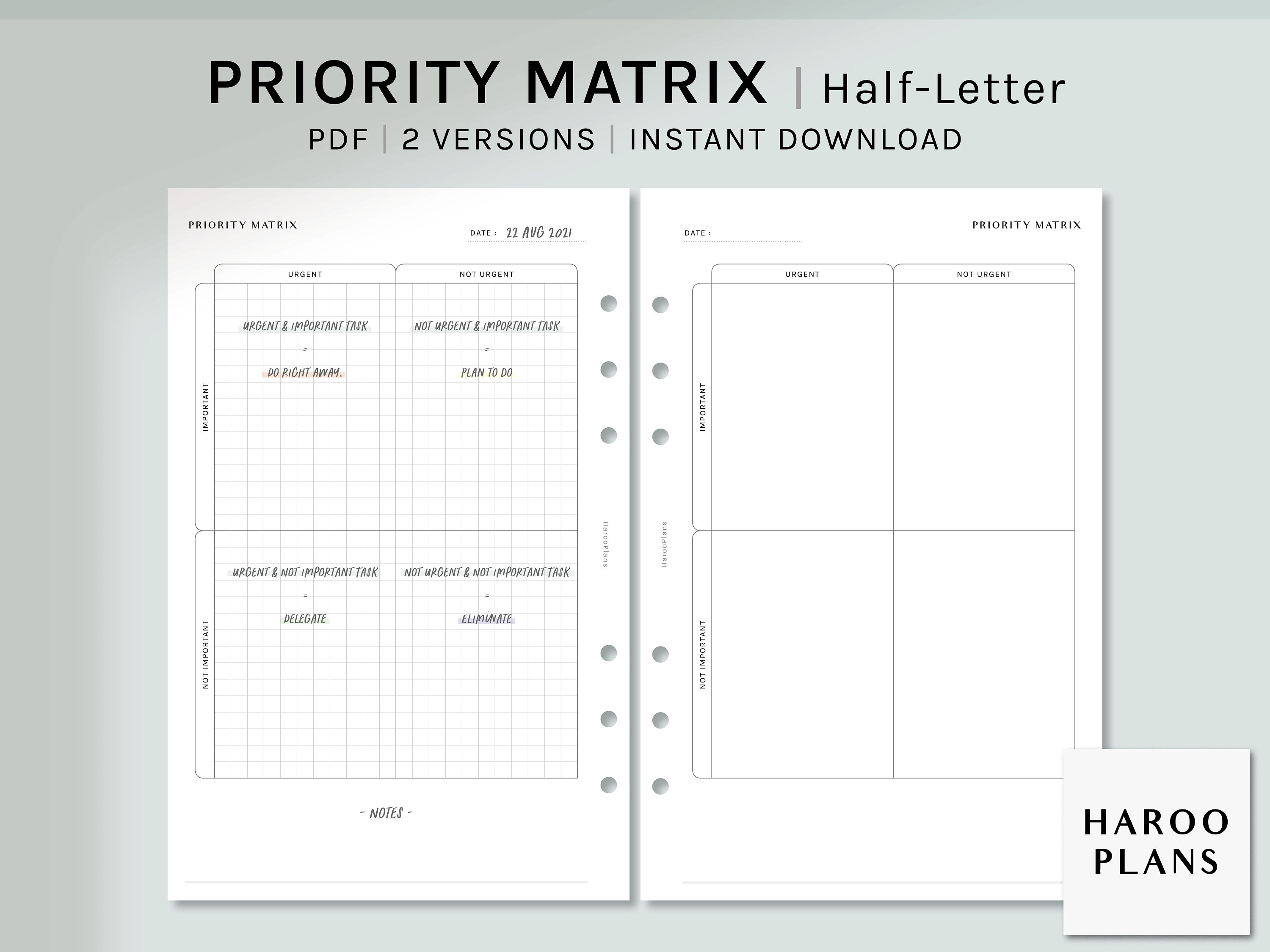 Priority Matrix | Half-letter Printable Planner Inserts | Urgent ...