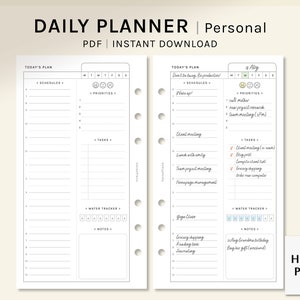 Peut inclure: Un planificateur quotidien imprimable avec un design noir et blanc. Le planificateur comprend des sections pour les horaires, les priorités, les tâches, le suivi de l'eau et les notes. Le planificateur est intitulé "Daily Planner | Personal" et "PDF | Téléchargement instantané".