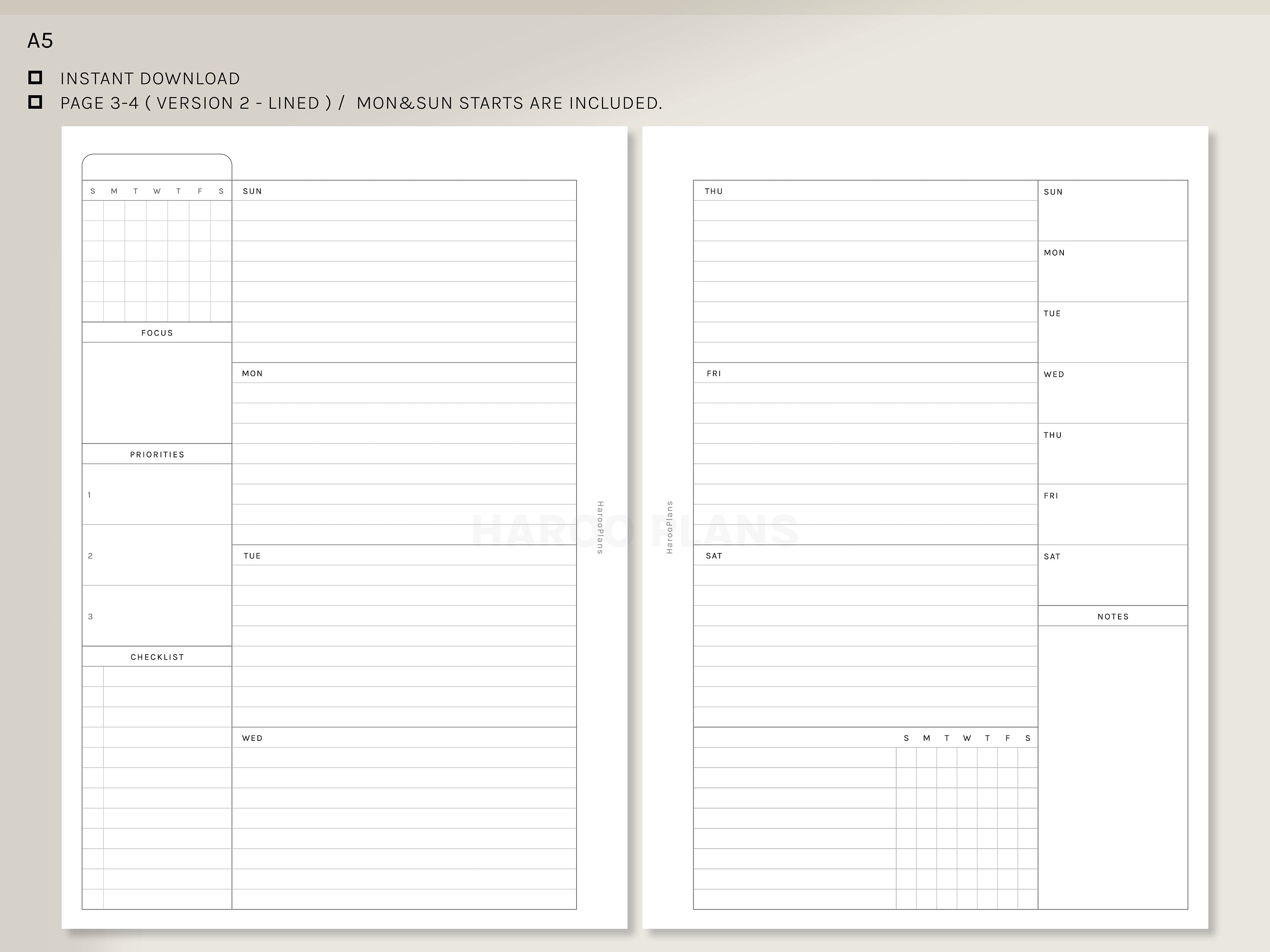 Undated Weekly | A5 Printable Planner Inserts | WO2P Schedule Template ...