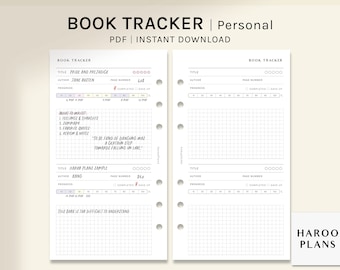 May include: A printable book tracker with a minimalist design. The PDF includes sections for title, author, page number, and progress tracking. The text "BOOK TRACKER | Personal" and "PDF | INSTANT DOWNLOAD" are at the top.