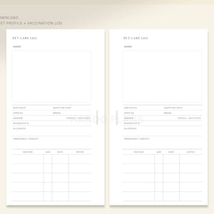 Pet Care Log | Personal size Printable Planner Inserts | Animal Profile Health Information Template | Vaccination Tracker | Digital Download image 2