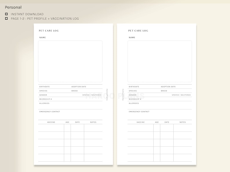 Pet Care Log | Personal size Printable Planner Inserts | Animal Profile Health Information Template | Vaccination Tracker | Digital Download image 2