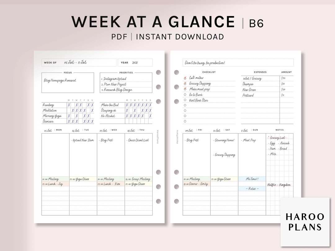Week at a Glance | B6 Ring Printable Planner Inserts | Weekly Planner ...