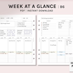 May include: A printable weekly planner in B6 size with a white background and black text. The planner includes sections for focus, priorities, checklist, expenses, and notes. The planner is designed for a week at a glance and includes a section for daily tasks and a section for weekly goals. The planner is available as a PDF instant download.