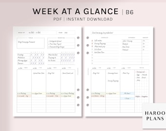 Week at a Glance | B6 Ring Printable Planner Inserts | Weekly Planner Template | WO2P Layout Planning Organizer Sheet PDF | Digital Download