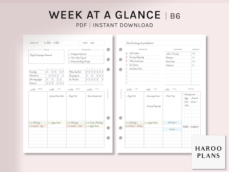Week at a Glance B6 Ring Printable Planner Inserts Weekly - Etsy