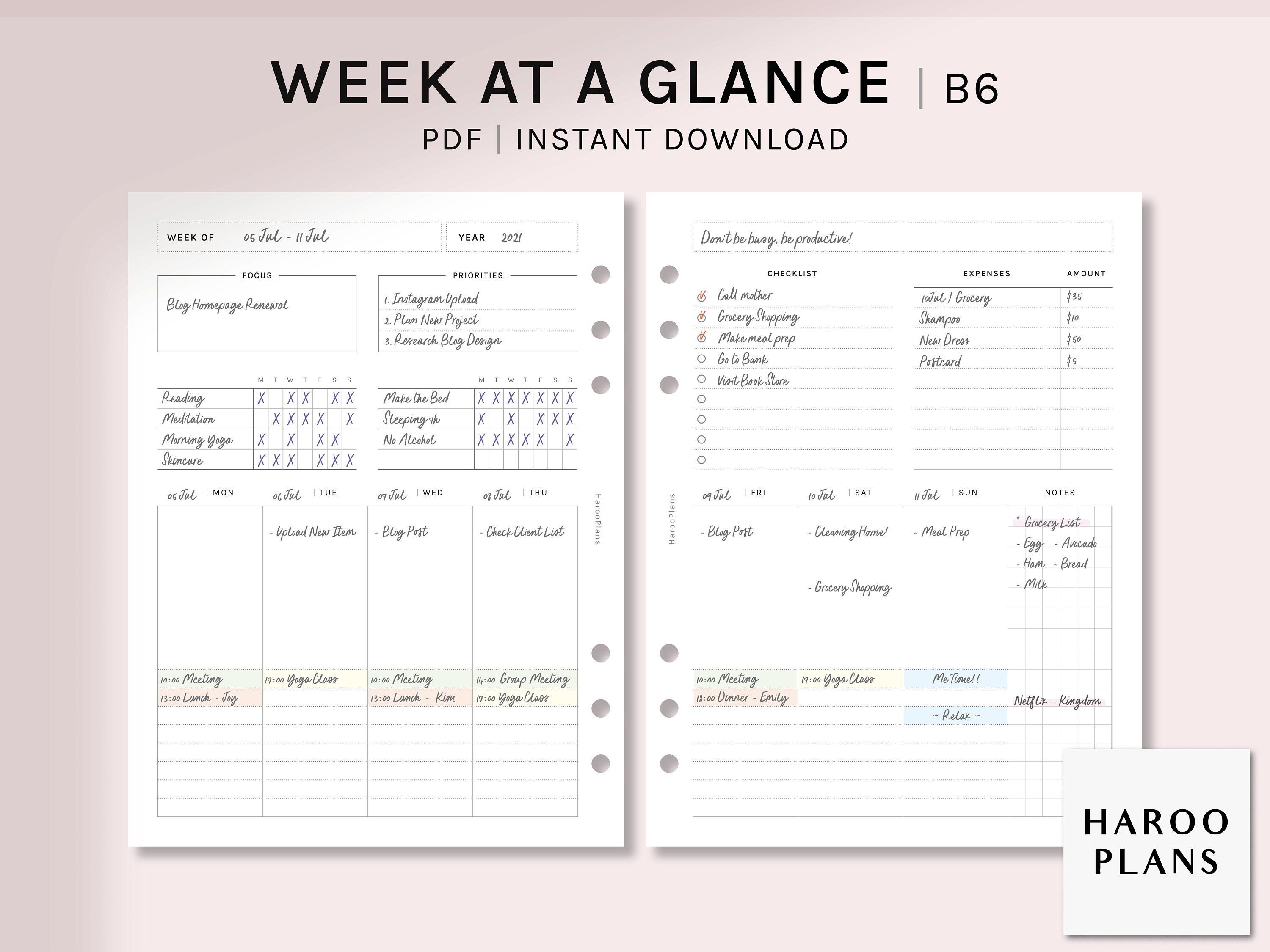 Week at a Glance | B6 Ring Printable Planner Inserts | Weekly Planner ...