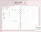 Recipe Sheet | B6 Rings Printable Planner Inserts | Blank Cook book Template | Meal Menu Plan Notes | Food Idea PDF | Digital Download