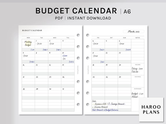 Budget Calendar A6 Printable Planner Inserts Monthly - Etsy