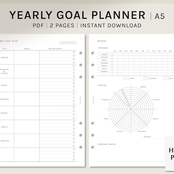 Goal Planner Printable Inserts | A5 Ring | Life Goal Setting Journal and Review Template | Action Plan Layout Pages | Digital Download