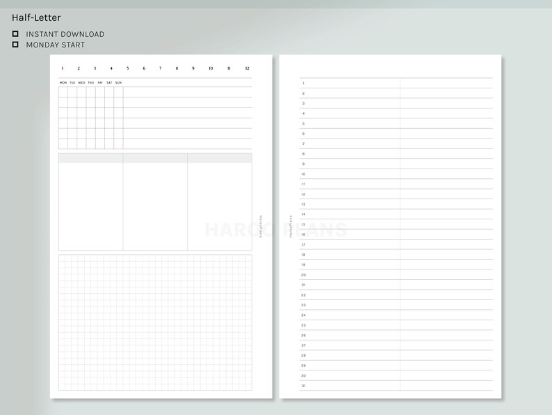 Month at a Glance | Half-letter Printable Planner Inserts | Undated ...