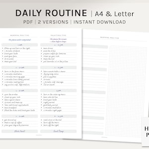 May include: Printable daily routine planner in A4 and Letter sizes. The planner has two pages, one for morning routine and one for night routine. The pages are divided into sections for different activities, such as waking up, getting ready, and going to bed. The planner also includes a section for notes and a grid for planning.