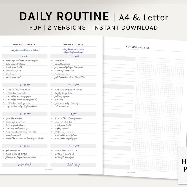 Daily Routine | A4, US Letter Printable Planner Inserts | Morning and Night To Do List Template | Daily Schedule Journal | Digital Download