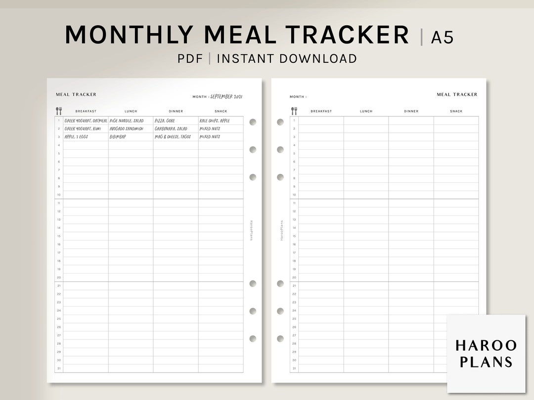 Monthly Meal Tracker | A5 Printable Planner Inserts | Monthly Diet Log ...