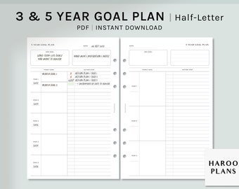 May include: A printable goal planner with a black and white design. The planner is divided into two sections, one for 5-year goals and one for 1-year goals. The planner includes space for yearly goals, action steps, and dates to achieve goals. The planner is labeled "3 & 5 YEAR GOAL PLAN | Half-Letter".