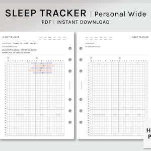 Op de afbeelding: Printbare slaaptracker-planner met een raster om slaapuren bij te houden. De planner bevat een sectie voor slaapdoelen en slaaprituelen. De planner is ontworpen voor persoonlijk breed formaat.