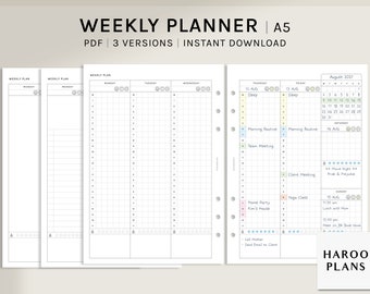 Weekly Planner | A5 Printable Planner Inserts | WO2P Layout Template | 10 Minute Schedule Journal with Calendar | Digital Download