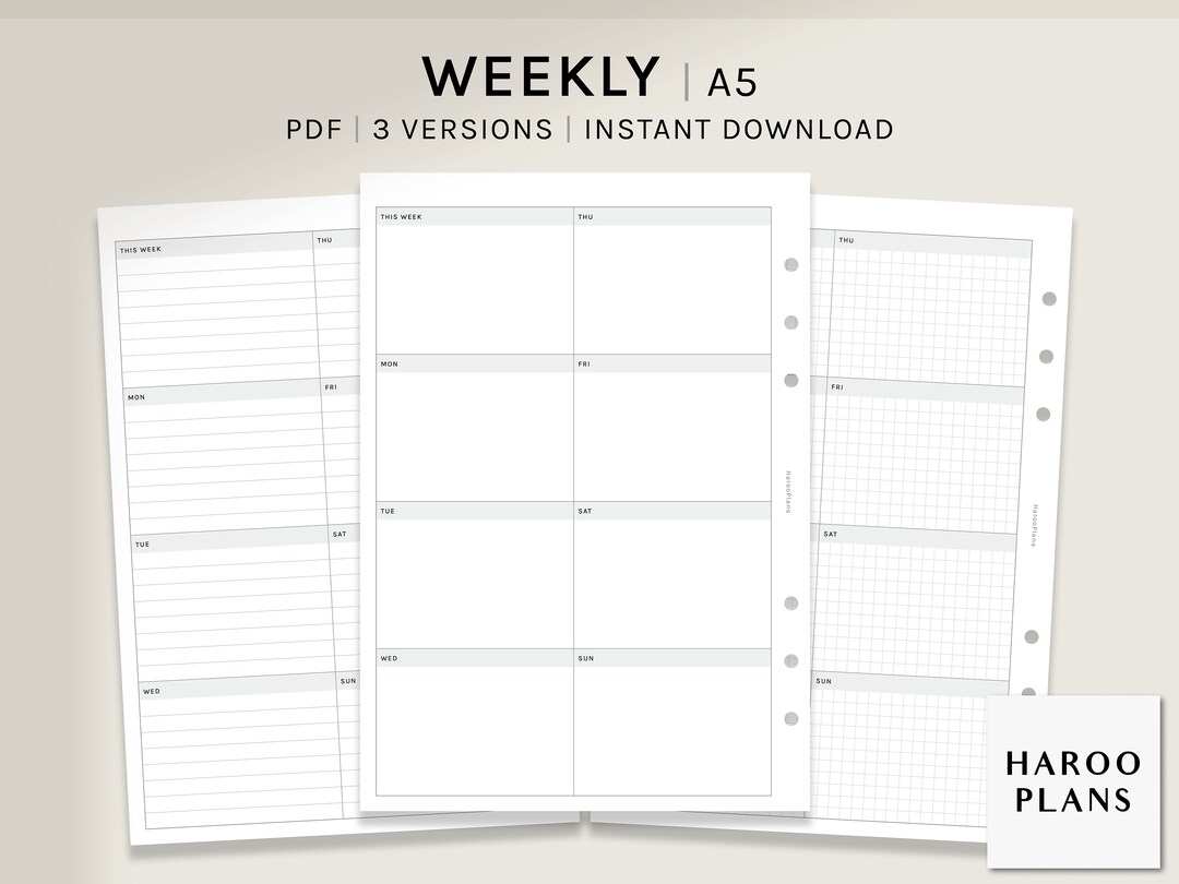 Weekly | A5 Printable Planner Inserts | Simple WO1P Template | Week at ...