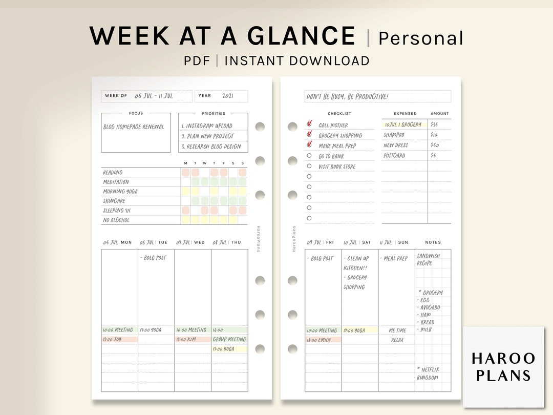 Week at a Glance | Personal Ring Printable Planner Inserts | Weekly ...