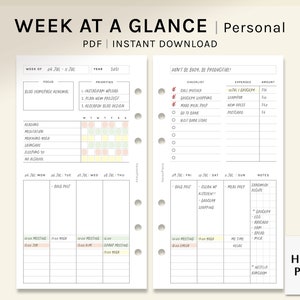 Week at a Glance | Personal Ring Printable Planner Inserts | Weekly Template | WO2P Layout Week Overview Planning Sheet | Digital Download