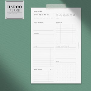 May include: A black and white daily planner printable with the text "HAROO PLANS" and "DAILY PLAN". The planner includes sections for focus, priorities, reminders, to do, things I am grateful for, notes, and a money tracker.