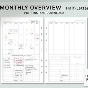 Monthly Overview | Half-Letter Size Printable Planner Inserts | MO1P Layout | Month on one page Template | Calendar Sheet | Digital Download