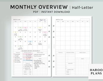 Monthly Overview | Half-Letter Size Printable Planner Inserts | MO1P Layout | Month on one page Template | Calendar Sheet | Digital Download