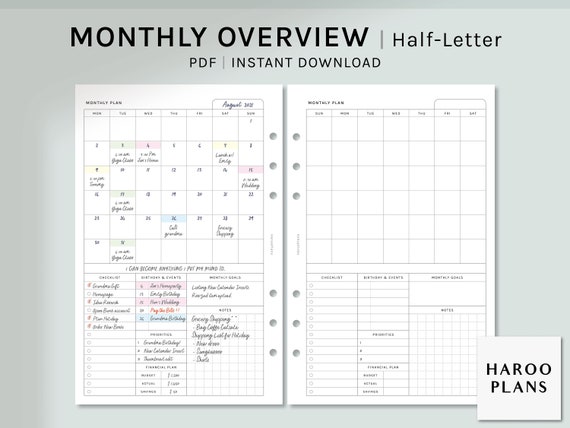 Monthly Overview Half-letter Size Printable Planner Inserts | Etsy
