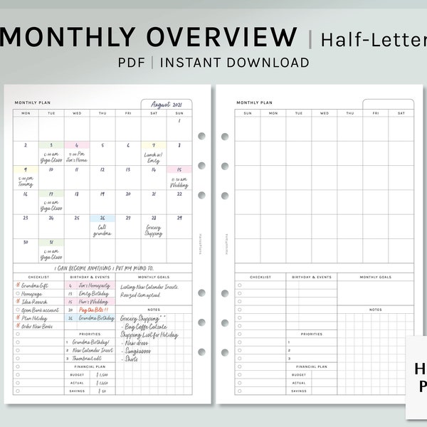 Monthly Overview | Half-Letter Size Printable Planner Inserts | MO1P Layout | Month on one page Template | Calendar Sheet | Digital Download
