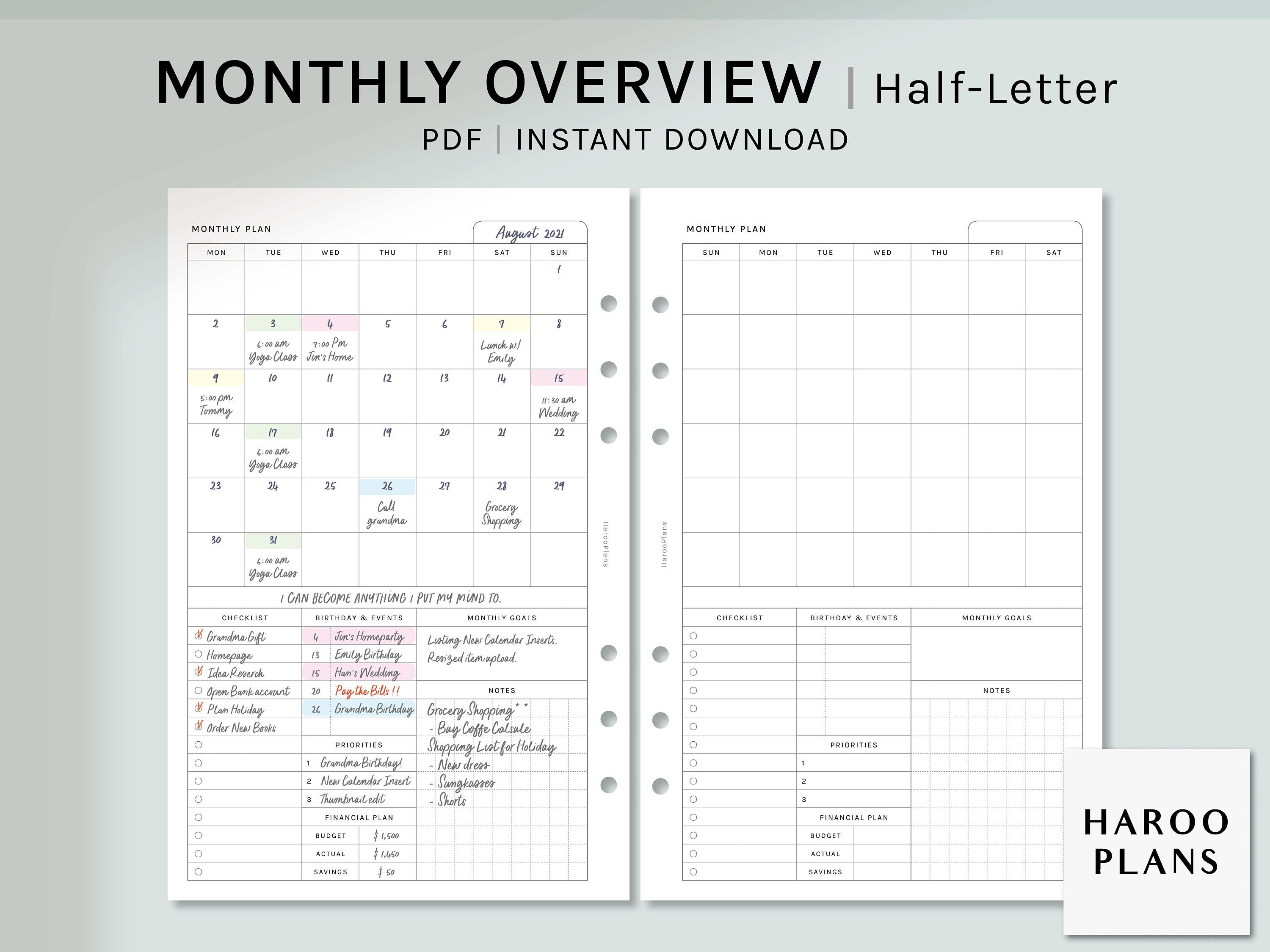 Monthly Overview Half-letter Size Printable Planner Inserts | Etsy