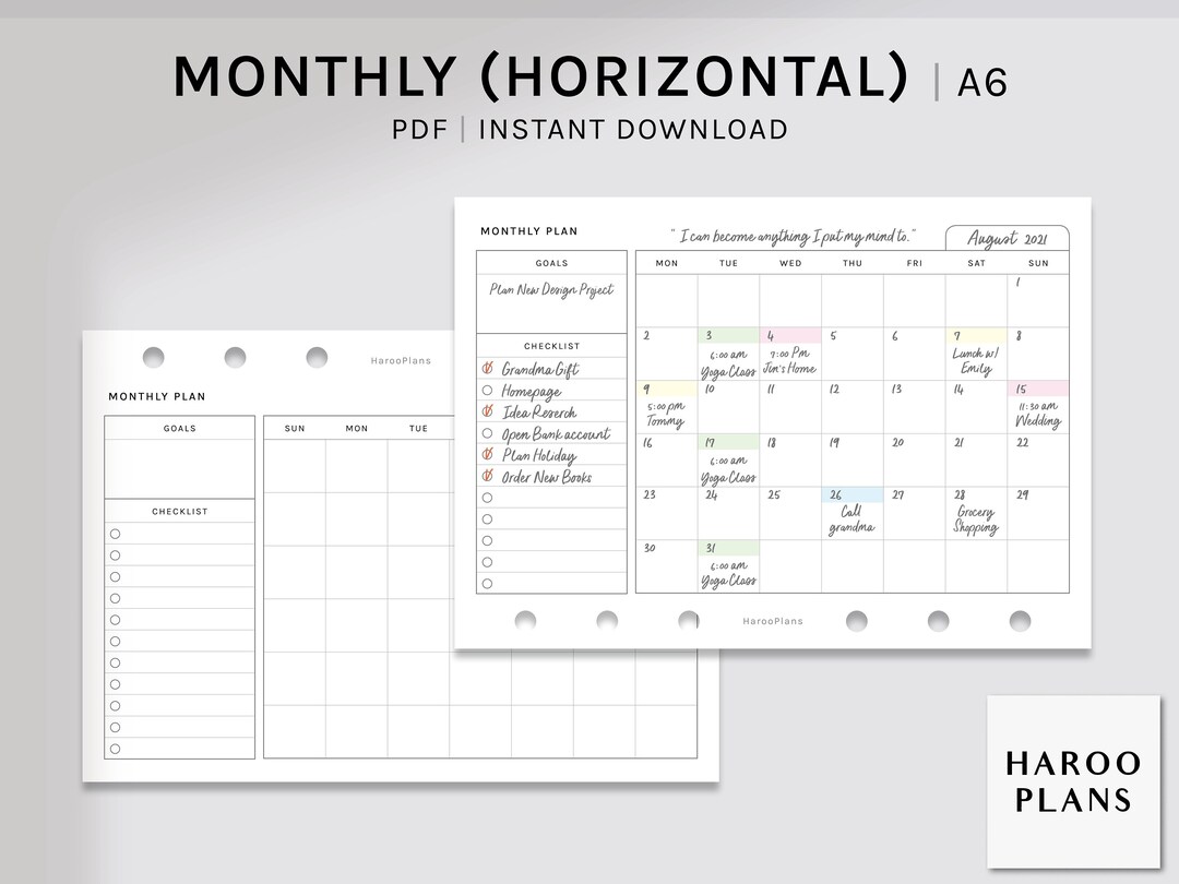 Monthly Planner | A6 Printable Inserts | MO1P Horizontal Layout Sheet ...