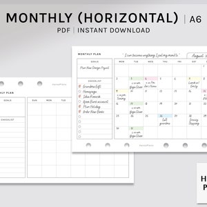 Può includere: Un planner mensile A6 stampabile in formato orizzontale. Il planner ha una sezione di checklist con un elenco di attività, una sezione di obiettivi e una sezione di calendario con date e giorni della settimana. La sezione del calendario ha una citazione in alto: "Posso diventare qualsiasi cosa mi metta in mente."