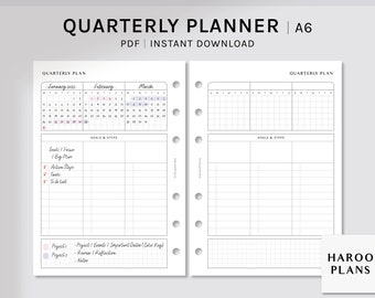 Quarterly Planner | A6 Printable Inserts | 3 Month Goal Organizer | 90-Days Planning Worksheet | Undated Yearly Journal | Digital Download