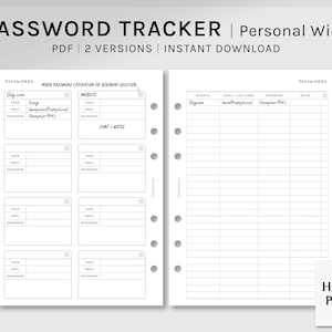 May include: A printable password tracker with two versions, one with a grid layout and the other with a more detailed section for each website. The tracker includes fields for website, email, user name, password, and notes. The text "PASSWORD TRACKER | Personal Wide" is at the top of the page.