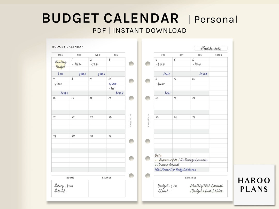 Budget Calendar | Personal Size Printable Planner Inserts | Monthly ...