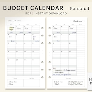 Budget Calendar | Personal size Printable Planner Inserts | Monthly Financial Template | Income and Expense Log PDF | Digital Download