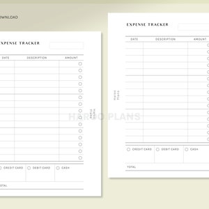 May include: A printable expense tracker with two pages. The left page has a section for date, description, and amount. The right page has a section for date, description, amount, and payment method. Both pages have a total section at the bottom.
