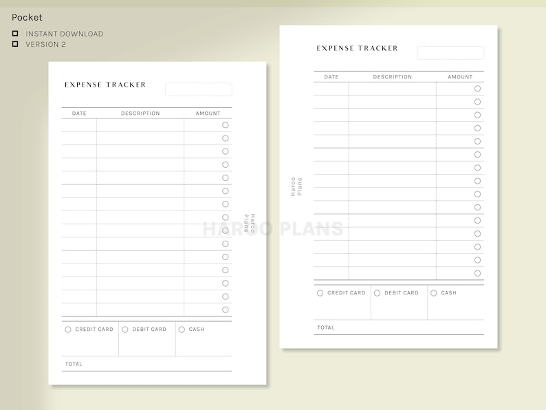 May include: A printable expense tracker with two pages. The left page has a section for date, description, and amount. The right page has a section for date, description, amount, and payment method. Both pages have a total section at the bottom.